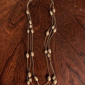 Tripled Chain Golden Pearl and Sparkly Beaded Necklace